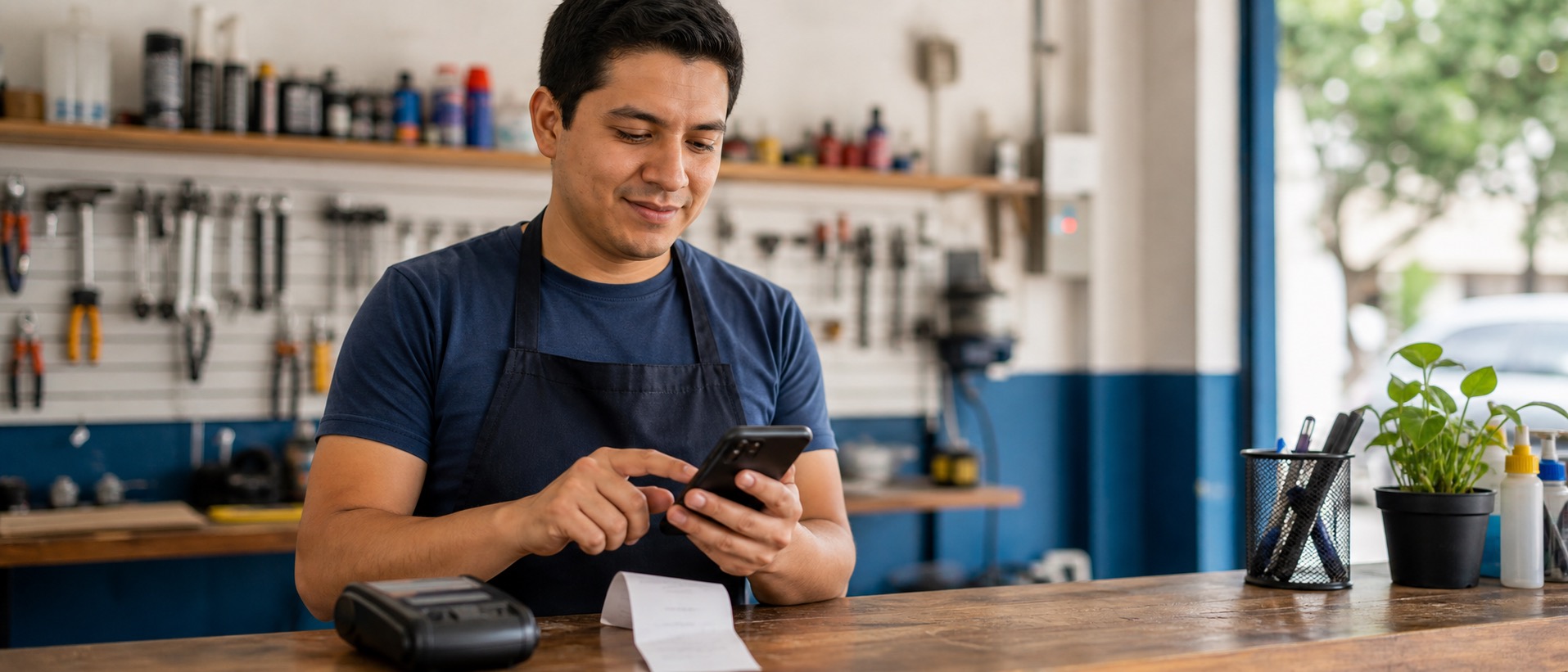 Celular en un mostrador mientras se prepara una primera factura electrónica